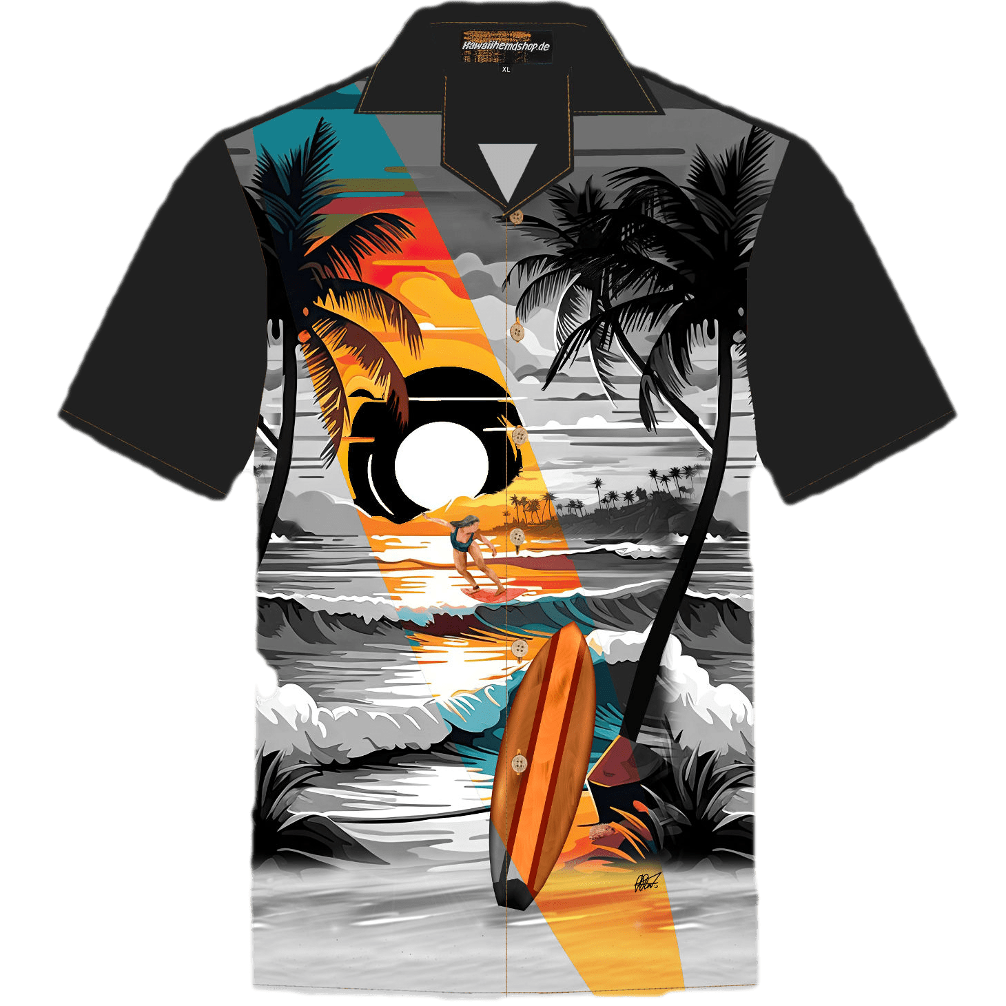 Herren Hawaiihemd 'Dark Beach Night' in Größe 8XL mit tropischem Strandmotiv, Palmen und Surfer-Design. Aus 100% Baumwolle mit Kokosnussknöpfen.