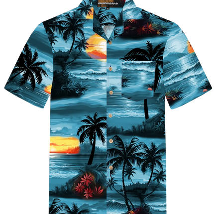 Hawaiihemd mit Knopfleiste und kurzen Ärmeln, Palmen- und Meer-Print in Blau