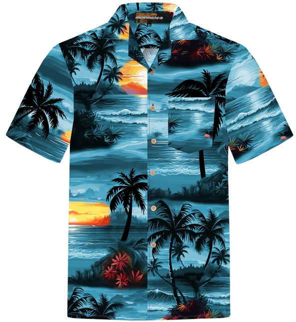Hawaiihemd mit Knopfleiste und kurzen Ärmeln, Palmen- und Meer-Print in Blau