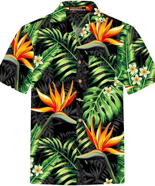 Herren Hawaii Hemd schwarz mit Strelitzien