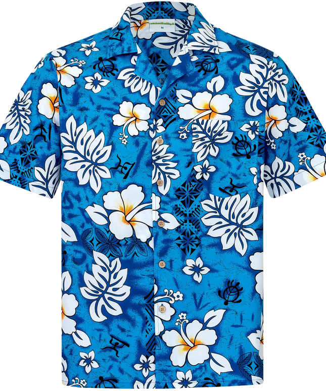 blaues Herren Hawaii Hemd mit weissen Blumen