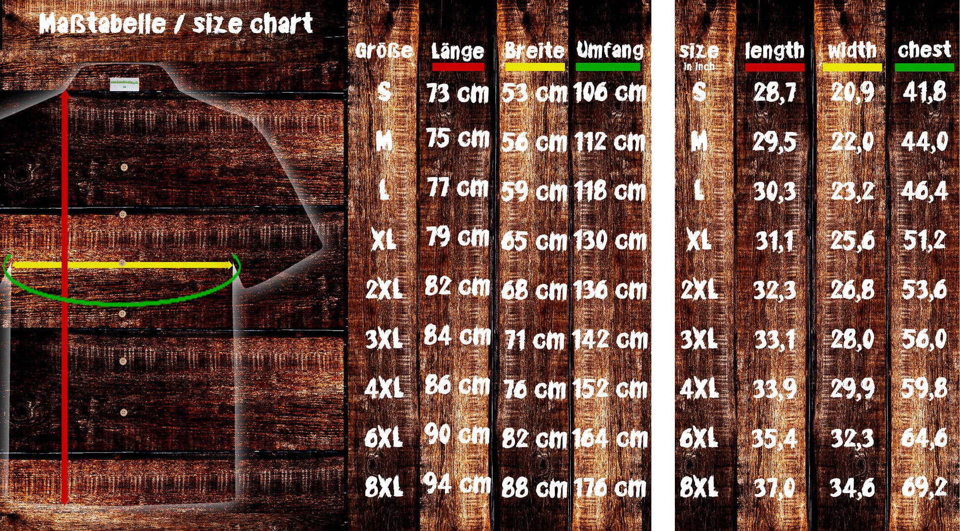 Tabelle mit Maßen des Hawaiihemdes