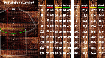 Tabelle mit Maßen des Hawaiihemdes