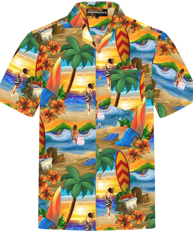 Herren Hawaiihemd in orange mit Strand, Palmen und Surfbrettern