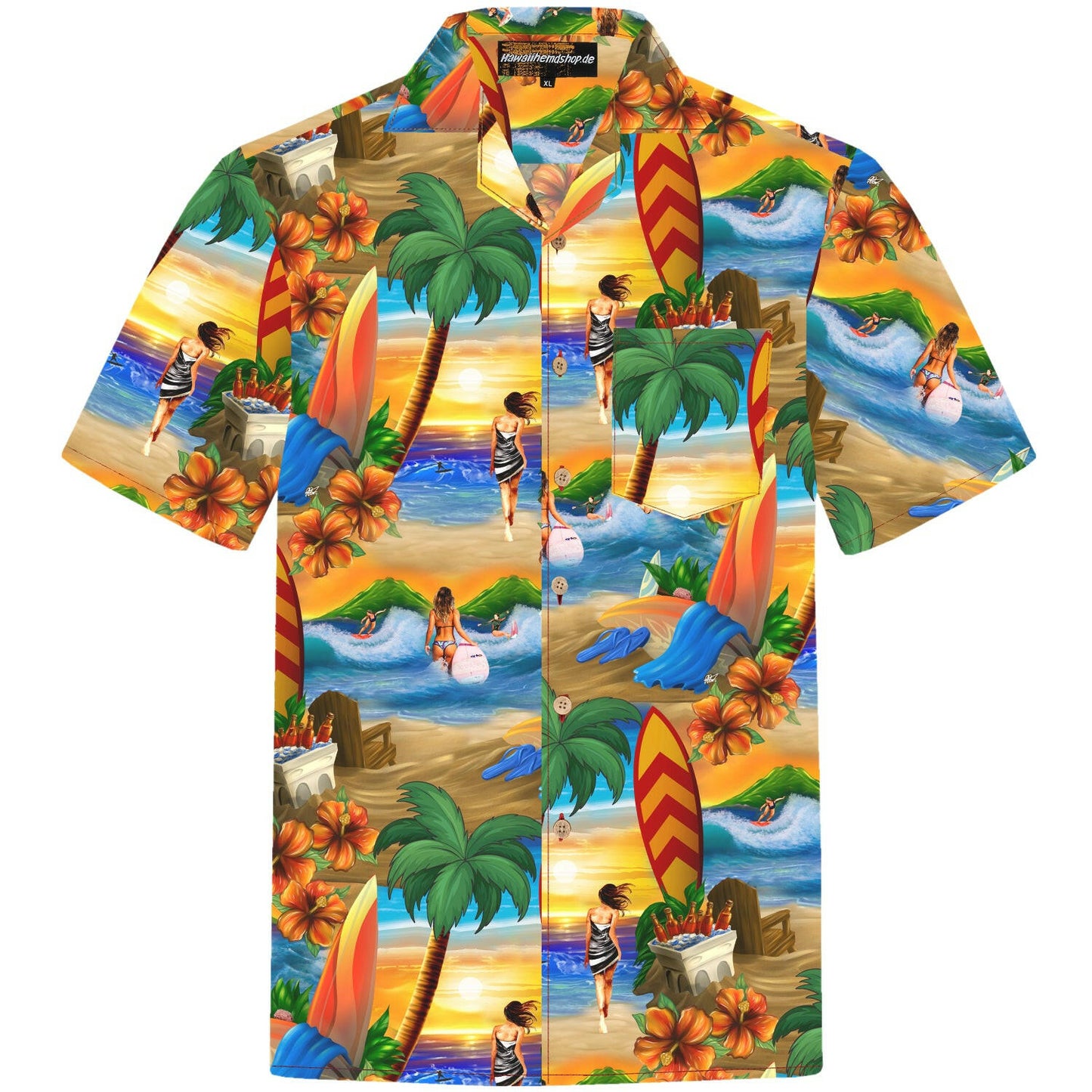 Herren Hawaiihemd in orange mit Strand, Palmen und Surfbrettern