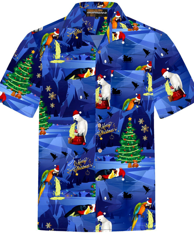 Herren Hawaiihemd 'Christmas Parrots' in Blau mit weihnachtlichem Papageien- und Tannenbaum-Design, aus 100% Baumwolle, Größen S bis 8XL.