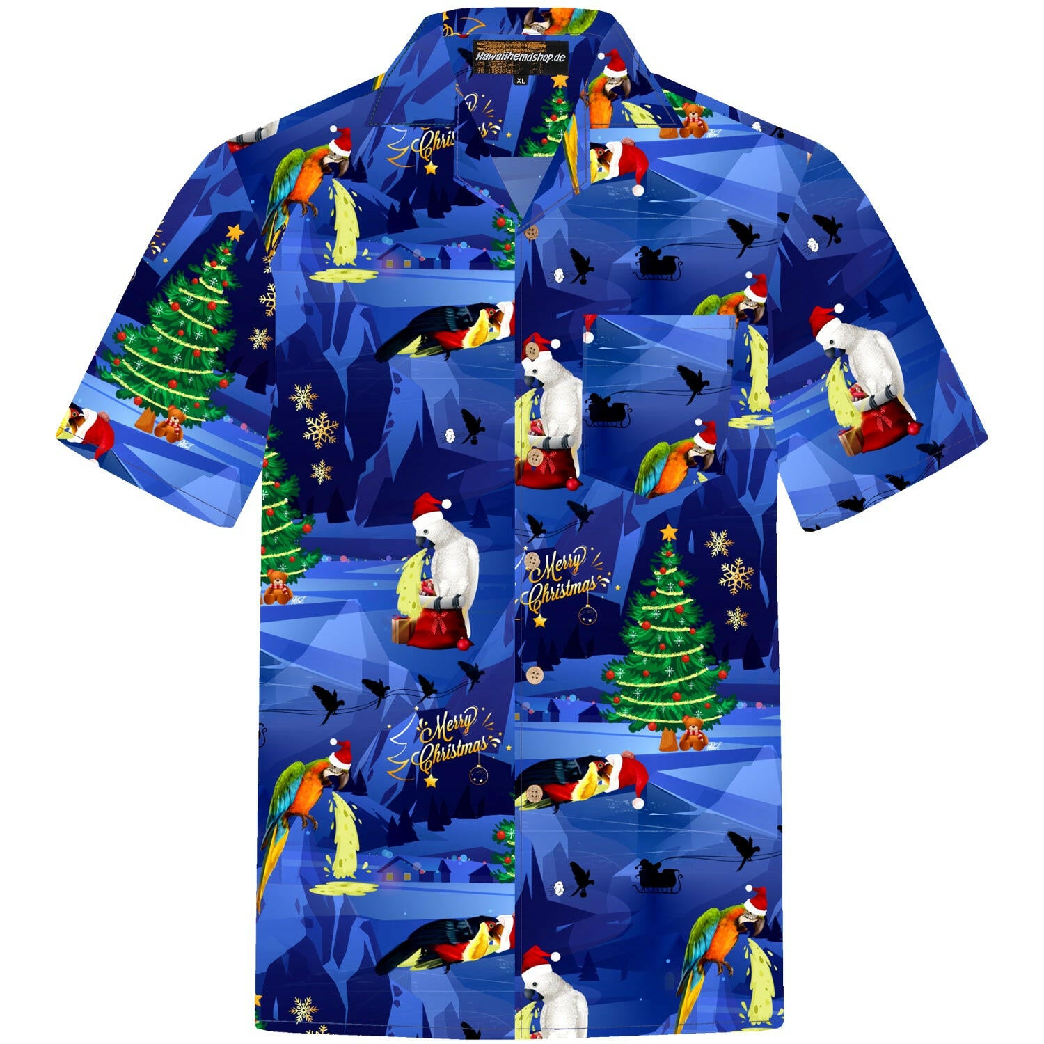 Herren Hawaiihemd 'Christmas Parrots' in Blau mit weihnachtlichem Papageien- und Tannenbaum-Design, aus 100% Baumwolle, Größen S bis 8XL.