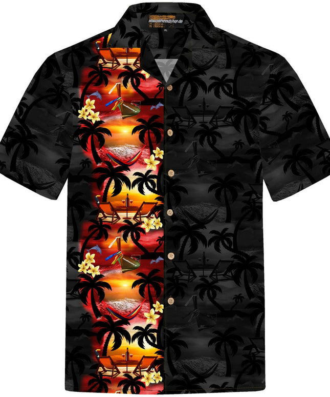 Herren Hawaiihemd 'Paradise Night' mit tropischem Muster in Schwarz und Rot, aus 100% Baumwolle, Größen S bis 8XL, mit Kokosnussknöpfen.