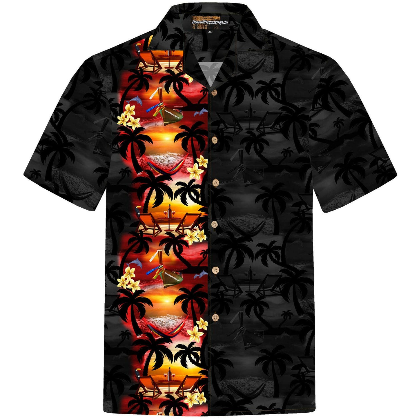 Herren Hawaiihemd 'Paradise Night' mit tropischem Muster in Schwarz und Rot, aus 100% Baumwolle, Größen S bis 8XL, mit Kokosnussknöpfen.