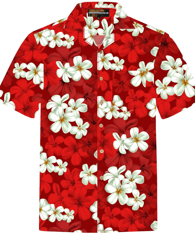 Herren Hawaiihemd 'Classic Red' mit weißem Blumenmuster auf rotem Hintergrund, 100% Baumwolle, Größen S-8XL, mit Brusttasche und Kokosnussknöpfen.