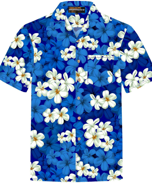 Herren Hawaiihemd 'Classic Blue' mit weiß-blauem Blumenmuster, aus 100% Baumwolle, Größen S bis 8XL, mit Brusttasche und Kokosnussknöpfen.