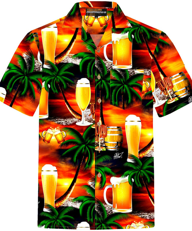 Herren Hawaiihemd 'Beer in Paradise' mit tropischem Bier- und Palmenmotiv, aus 100% Baumwolle, Größen S bis 8XL, mit Kokosnussknöpfen.
