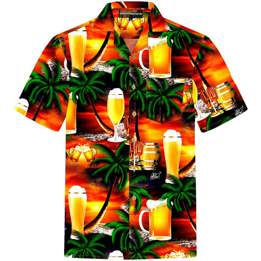 Herren Hawaiihemd 'Beer in Paradise' mit tropischem Bier- und Palmenmotiv, aus 100% Baumwolle, Größen S bis 8XL, mit Kokosnussknöpfen.