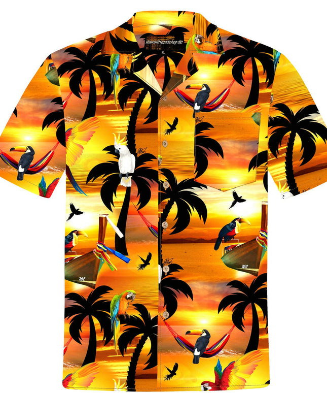 Herren Hawaiihemd 'Sunshine Parrots' aus 100% Baumwolle mit tropischem Papageien- und Palmenmuster, erhältlich in Größen S bis 8XL.