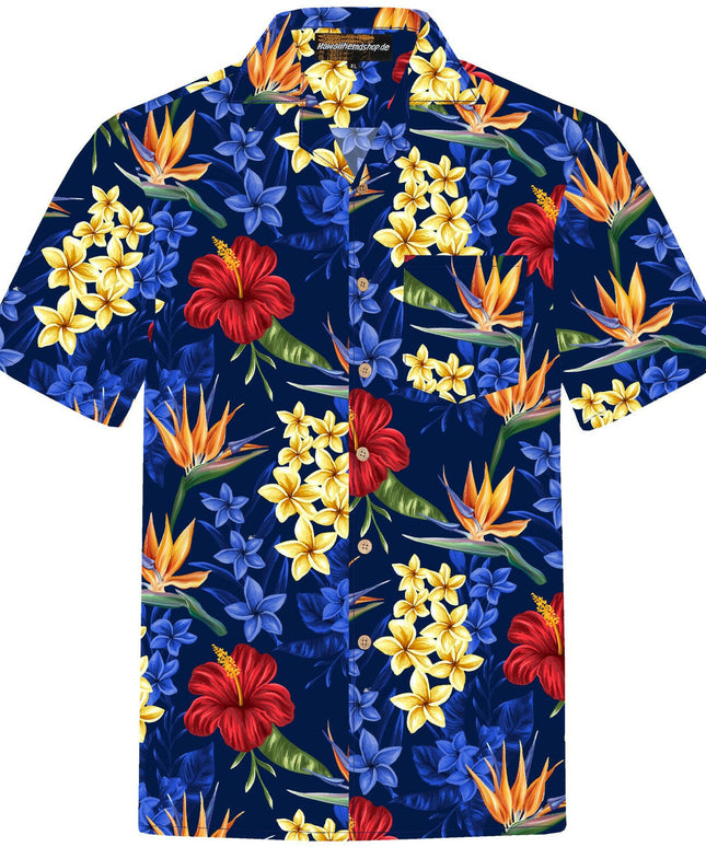 Herren Hawaiihemd 'Flowerful Summer (blue)' aus 100% Baumwolle mit buntem Blumenmuster, Kokosnuss-Knöpfen und Brusttasche. Verfügbar in Größen S bis 8XL.