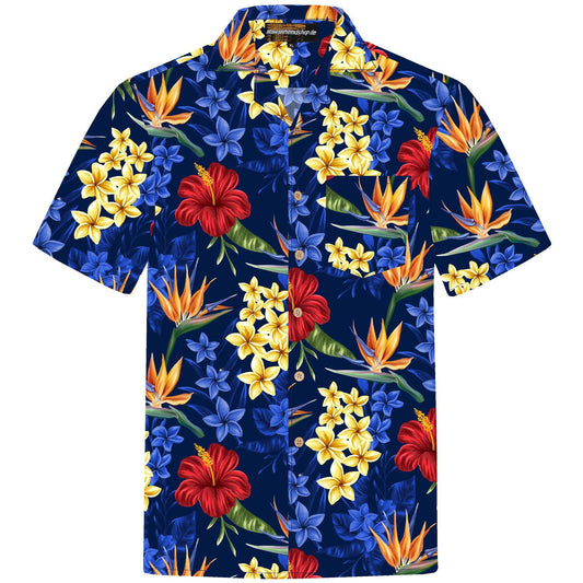 Herren Hawaiihemd 'Flowerful Summer (blue)' aus 100% Baumwolle mit buntem Blumenmuster, Kokosnuss-Knöpfen und Brusttasche. Verfügbar in Größen S bis 8XL.