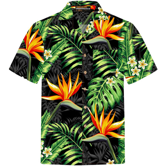 Herren Hawaiihemd 'Bird of Paradise' mit tropischem Blumenmuster in Schwarz, Grün und Orange. Aus 100% Baumwolle, Größen S-8XL, mit Brusttasche und Kokosnussknöpfen.