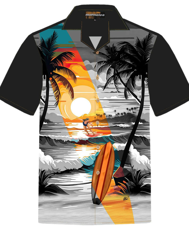 Herren Hawaiihemd 'Beach Night' aus 100% Baumwolle mit tropischem Surf- und Sonnenuntergangsdesign, Größen S bis 8XL, mit Kokosnussknöpfen.
