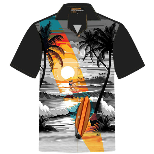 Herren Hawaiihemd 'Beach Night' aus 100% Baumwolle mit tropischem Surf- und Sonnenuntergangsdesign, Größen S bis 8XL, mit Kokosnussknöpfen.