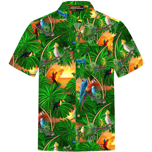 Herren Hawaiihemd 'Jungle Parrots' mit buntem Papageien- und Dschungelmotiv, 100% Baumwolle, Größen S bis 8XL, mit Brusttasche und Kokosnuss-Knöpfen.