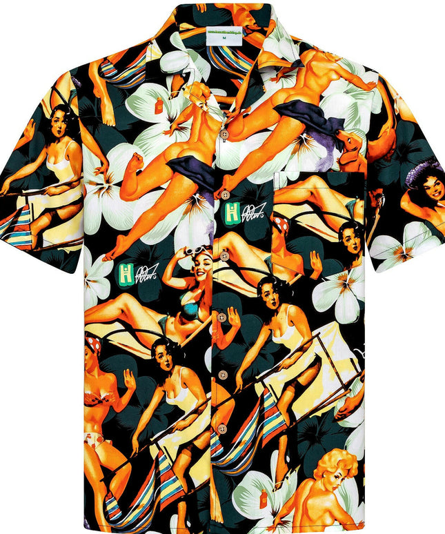 Herren Hawaiihemd 'Flower Girls (black)' aus 100% Baumwolle mit farbenfrohem Blumen- und Frauenmotiv, erhältlich in Größen S bis 8XL.