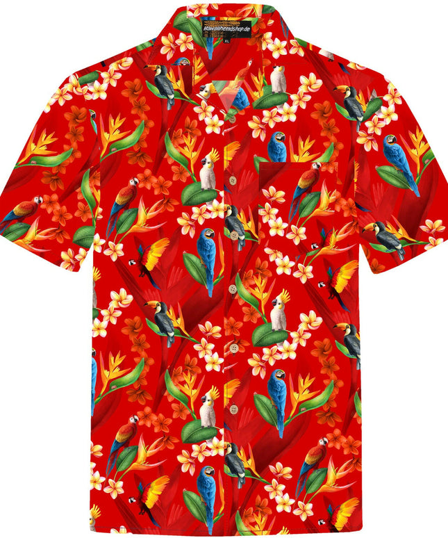 Herren Hawaiihemd 'Flower Parrots' in leuchtendem Rot mit tropischem Blumen- und Papageienmuster, aus 100% Baumwolle, Größen S-8XL.