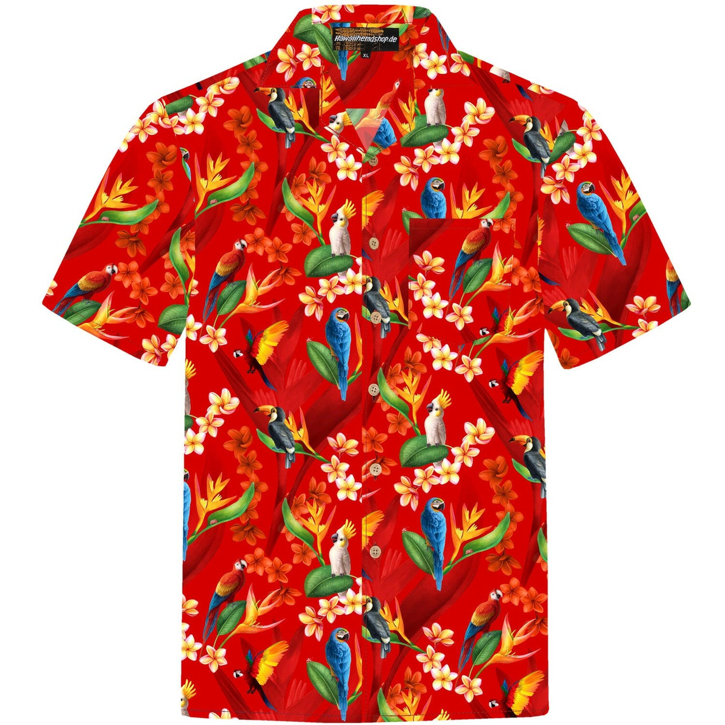 Herren Hawaiihemd 'Flower Parrots' in leuchtendem Rot mit tropischem Blumen- und Papageienmuster, aus 100% Baumwolle, Größen S-8XL.