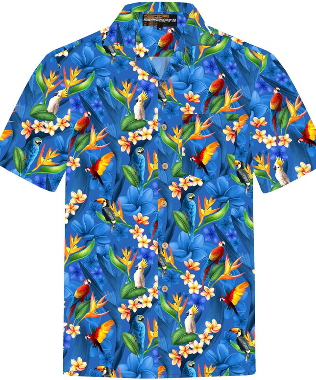 Herren Hawaiihemd 'Flower Parrots (blue)' mit tropischem Papageien- und Blumenmuster, aus 100% Baumwolle, erhältlich in Größe S bis 8XL.