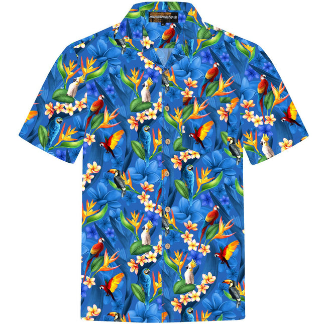 "Flower Parrots (blue)" - Größe S-8XL - Hawaiihemd.shop