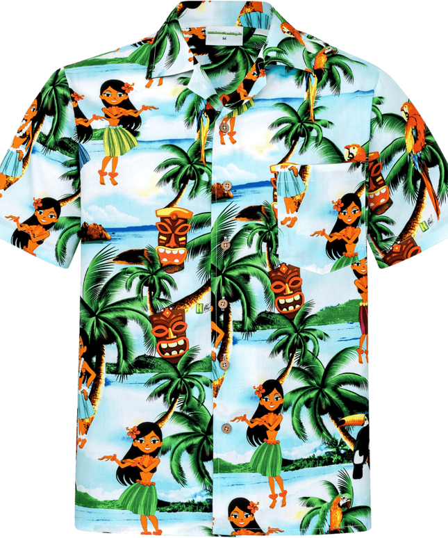 Vorderansicht des türkisen Herren Hawaiihemd mit Aloha Girls und Palmen