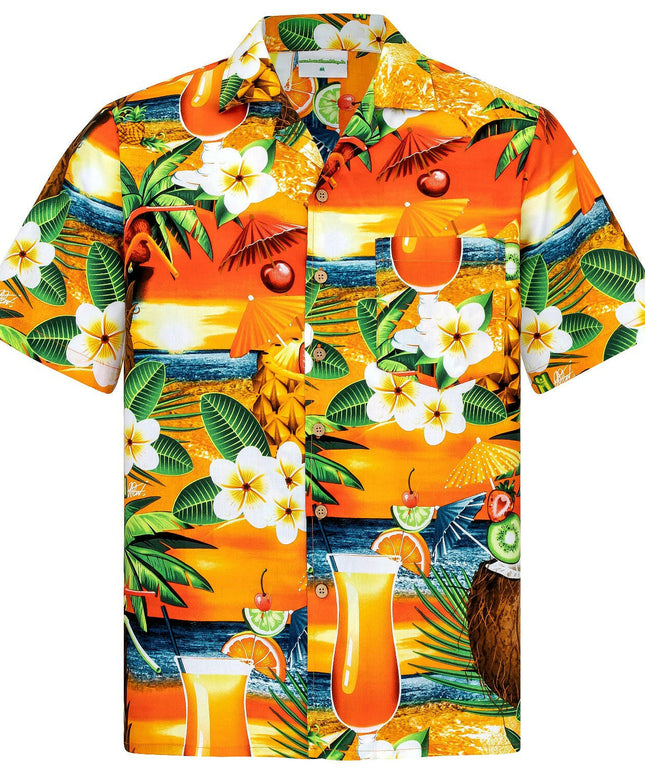Herren Hawaiihemd 'Paradise Cocktails' in leuchtendem Orange mit tropischen Motiven wie Blumen, Cocktails und Kokosnüssen. Kurzarmhemd aus 100% Baumwolle, erhältlich in Größen 3XL bis 8XL, mit Brusttasche und Kokosnuss-Knöpfen.