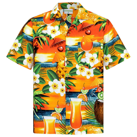 Herren Hawaiihemd 'Paradise Cocktails' in leuchtendem Orange mit tropischen Motiven wie Blumen, Cocktails und Kokosnüssen. Kurzarmhemd aus 100% Baumwolle, erhältlich in Größen 3XL bis 8XL, mit Brusttasche und Kokosnuss-Knöpfen.