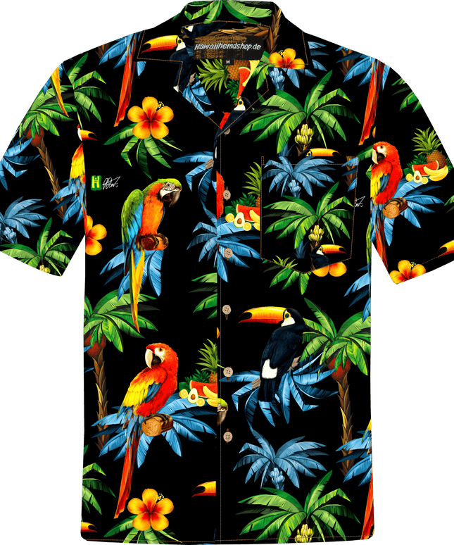 Herren Hawaiihemd 'Hawaiian Parrots '18' in Größe 4XL-8XL, aus 100% Baumwolle mit tropischem Papageien- und Blumenmuster, Kokosnuss-Knöpfen und Brusttasche.