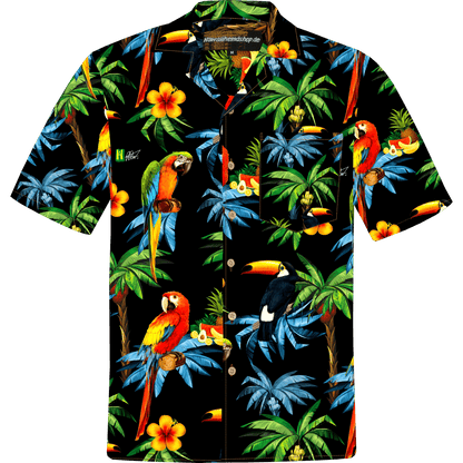 Herren Hawaiihemd 'Hawaiian Parrots '18' in Größe 4XL-8XL, aus 100% Baumwolle mit tropischem Papageien- und Blumenmuster, Kokosnuss-Knöpfen und Brusttasche.