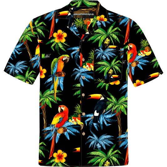 Herren Hawaiihemd 'Hawaiian Parrots '18' in Größe 4XL-8XL, aus 100% Baumwolle mit tropischem Papageien- und Blumenmuster, Kokosnuss-Knöpfen und Brusttasche.