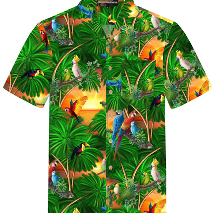 Grünes Herren Hawaiihemd mit Papageien im Dschungel