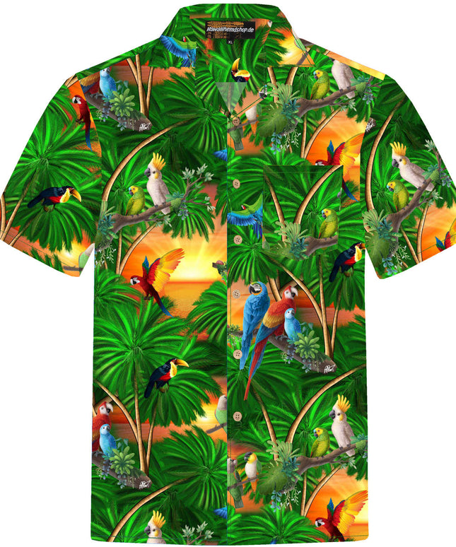 Grünes Herren Hawaiihemd mit Papageien im Dschungel