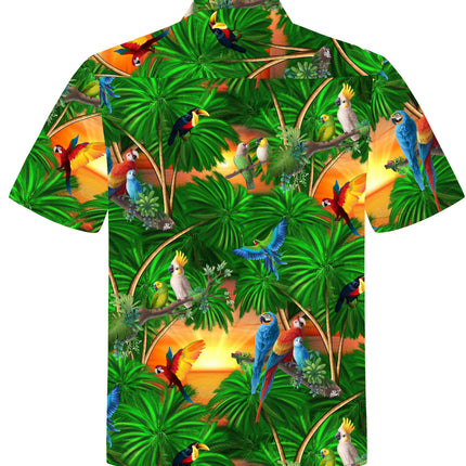 Grünes Herren Hawaiihemd mit Papageien im Dschungel