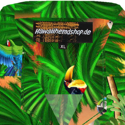 Grünes Herren Hawaiihemd mit Papageien im Dschungel