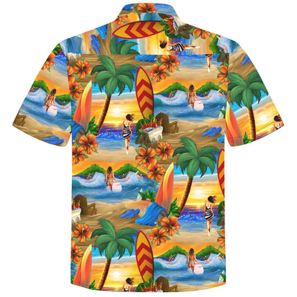 Oranges Hawaiihemd für Herren mit Palmen und Surfern