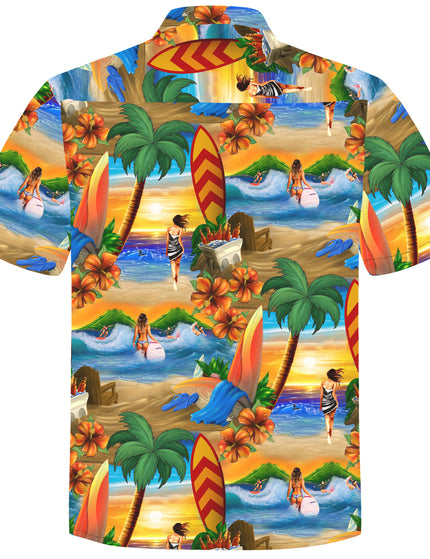 Oranges Hawaiihemd für Herren mit Palmen und Surfern