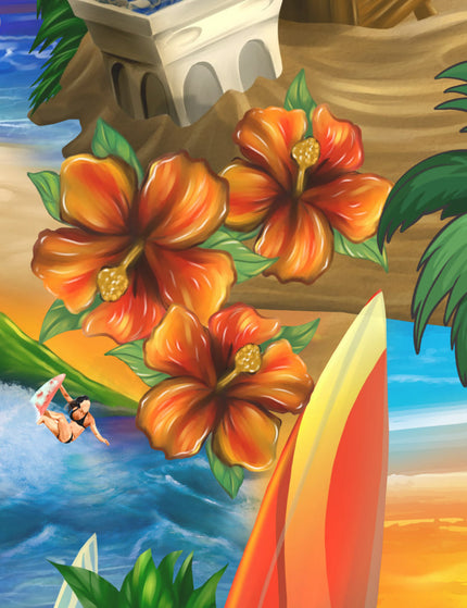 Oranges Hawaiihemd für Herren mit Palmen und Surfern