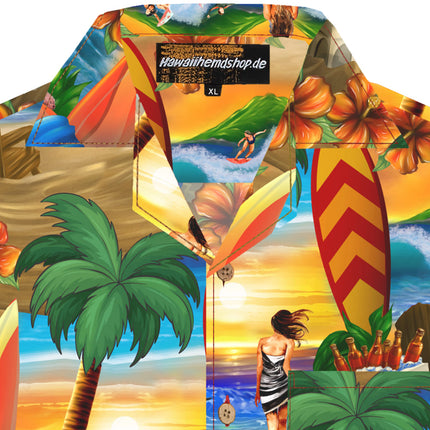 Oranges Hawaiihemd für Herren mit Palmen und Surfern