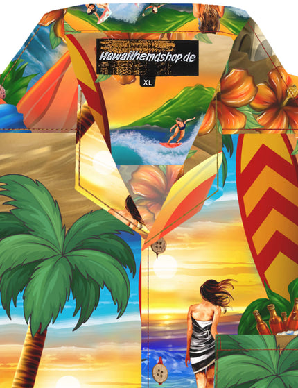 Oranges Hawaiihemd für Herren mit Palmen und Surfern