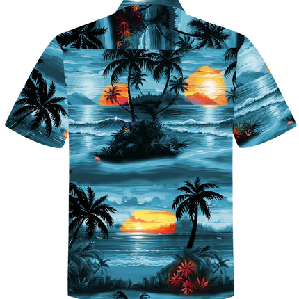 Hawaiihemd mit kurzen Ärmeln, tropischem Palmen- und Sonnenuntergangs-Print in Blau