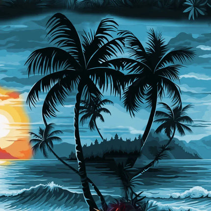 Kurzarm-Hemd mit großem Palmenmotiv, blauem Wasser und orangefarbenem Himmel
