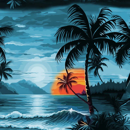 Kurzarm-Hemd mit Palmen- und Meer-Illustration in Blau, orange-roter Abendsonne