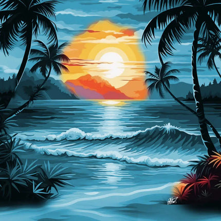 Kurzarm-Hemd mit blauem Tropenmeer- und Palmen-Print, orangefarbener Sonnenuntergang