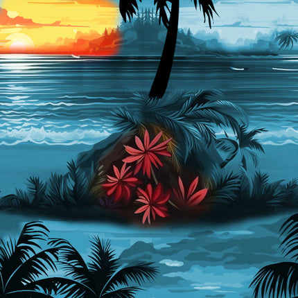 Blaues Herren Hemd mit Strand und Palmen, Detailaufnahme 06