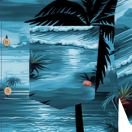 Blaues Herren Hemd mit Strand und Palmen, Detailaufnahme 08